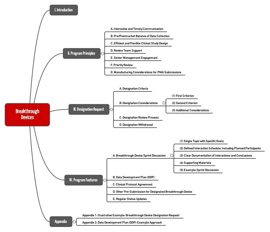 Chapter structure of the FDA guidance document for the Breakthrough Devices Program.