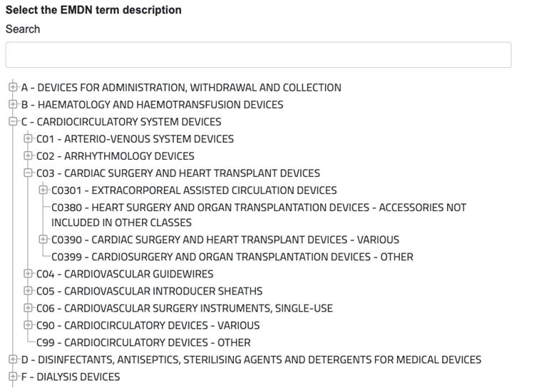 Screenshot of the EU website with the tree representing the EMDN codes