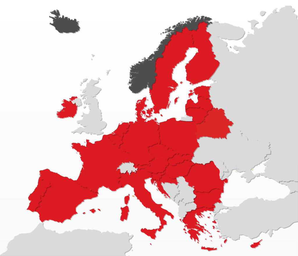 Fig. 1: The European Economic Area (EEA) consists of the EU and the EFTA countries without Switzerland. Manufacturers based outside the EU or the EEA must therefore appoint an EU REP. (Red: EU countries; dark gray: EFTA countries)